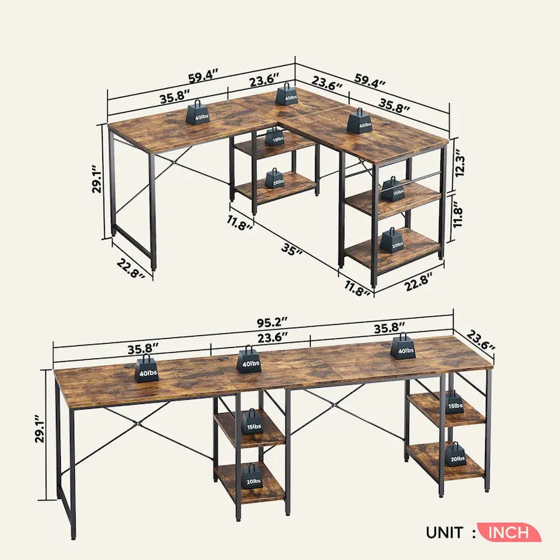 Bureau d'angle de 95,2 pouces avec étagères Bureau d'ordinateur pour la maison
