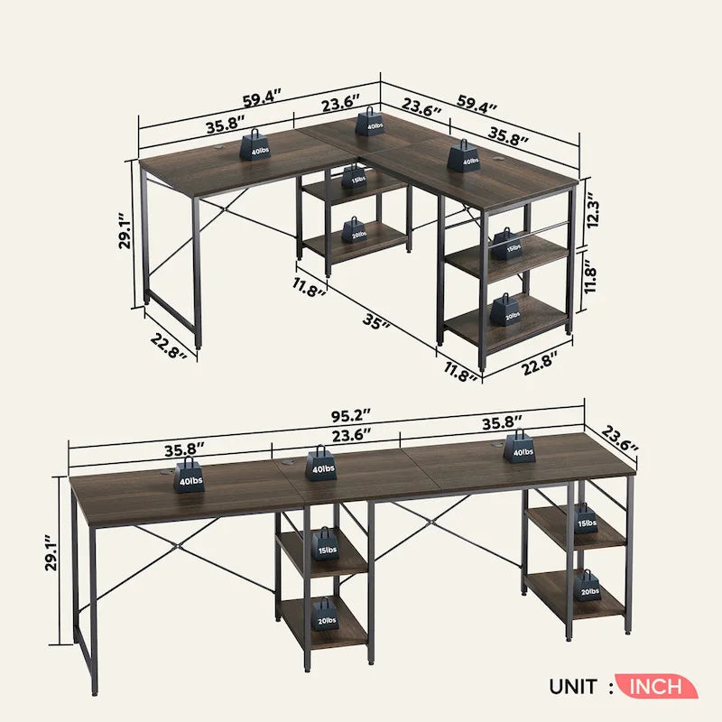 Bureau d'angle de 95,2 pouces avec étagères Bureau d'ordinateur pour la maison