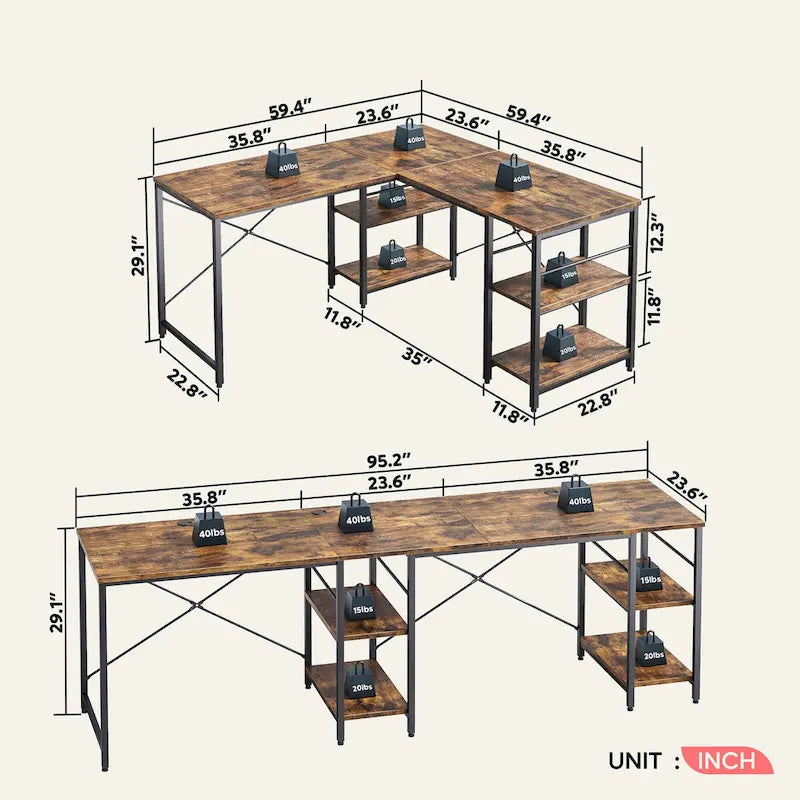 Bureau d'angle de 95,2 pouces avec étagères Bureau d'ordinateur pour la maison