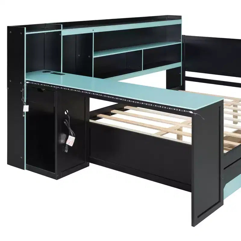 Lit de repos de jeu double/grand avec tête de lit bibliothèque, lumières LED, bureau intégré, tiroirs et station de charge
