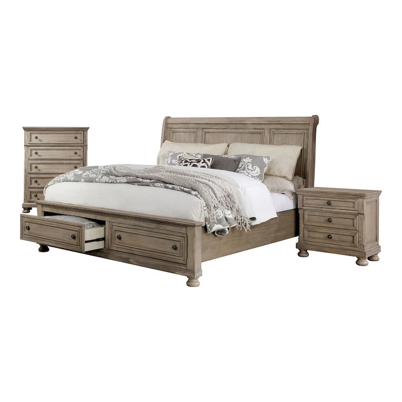 Ensemble de chambre à coucher 3 pièces Nahkohe avec rangement, en bois gris de transition et lit traîneau avec ports USB, par Furniture of America