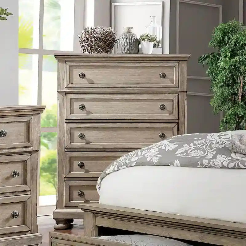 Ensemble de chambre à coucher 3 pièces Nahkohe avec rangement, en bois gris de transition et lit traîneau avec ports USB, par Furniture of America