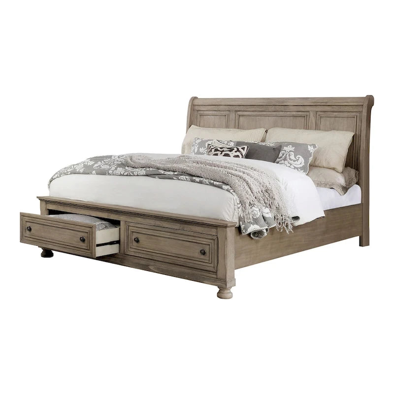 Ensemble de chambre à coucher 3 pièces Nahkohe avec rangement, en bois gris de transition et lit traîneau avec ports USB, par Furniture of America