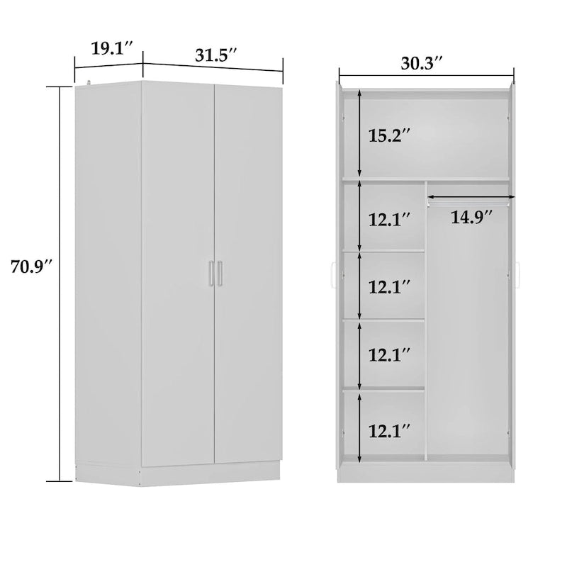 Armoire Kerrogee à 5 niveaux avec 2 portes et une tringle de suspension – 80L x 40P x 180H cm