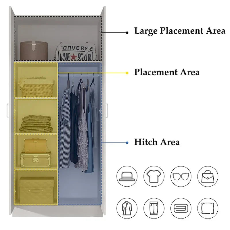 Armoire Kerrogee à 5 niveaux avec 2 portes et une tringle de suspension – 80L x 40P x 180H cm