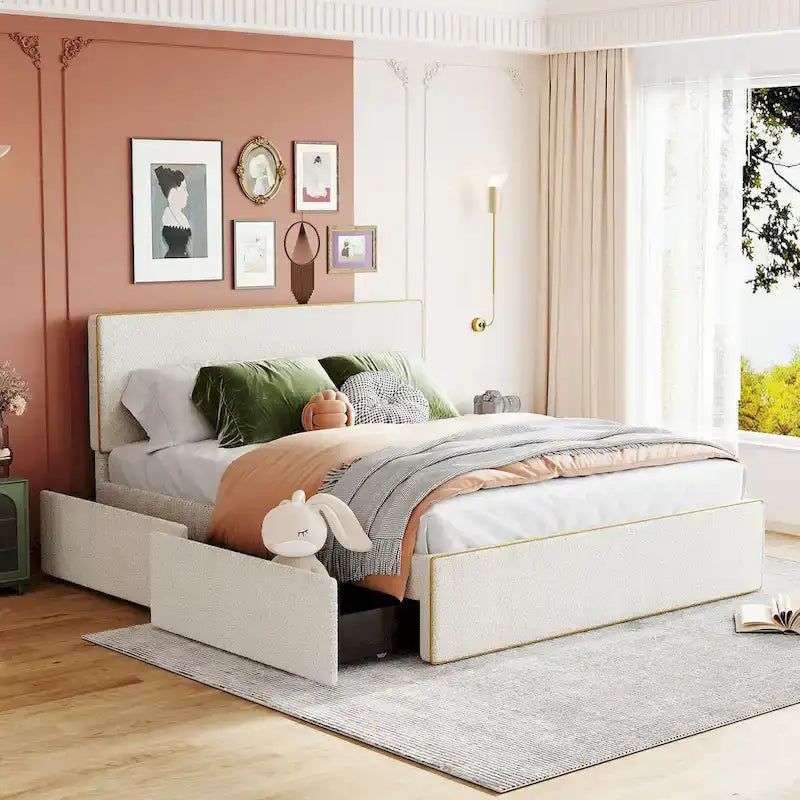 Lit plateforme capitonné Queen Size avec 4 tiroirs