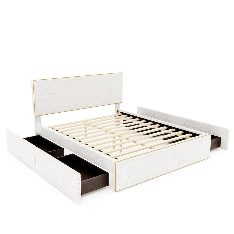 Lit plateforme capitonné Queen Size avec 4 tiroirs