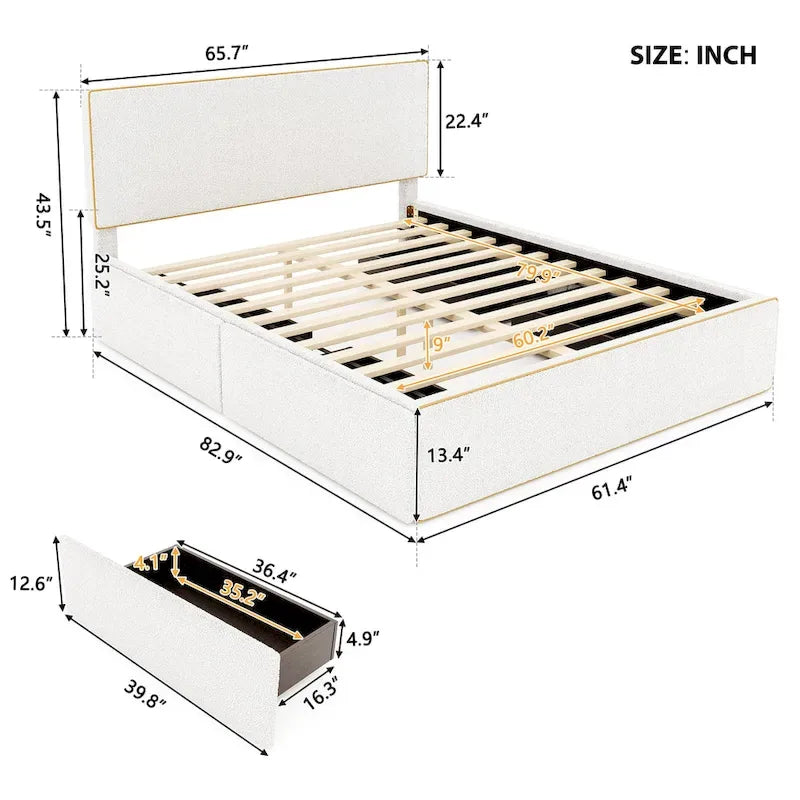 Lit plateforme capitonné Queen Size avec 4 tiroirs