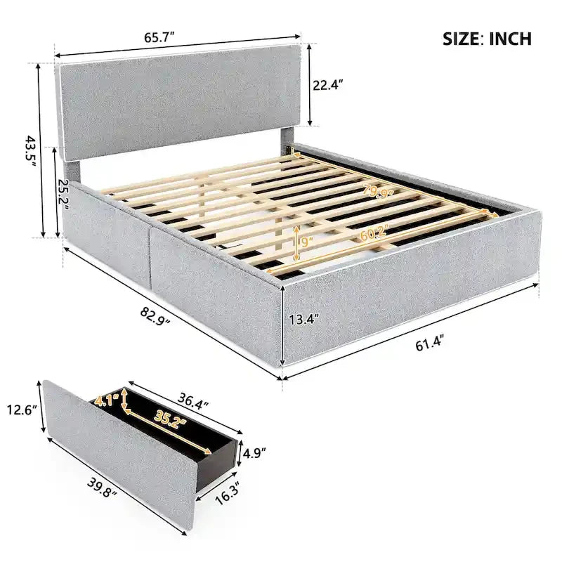 Lit plateforme capitonné Queen Size avec 4 tiroirs