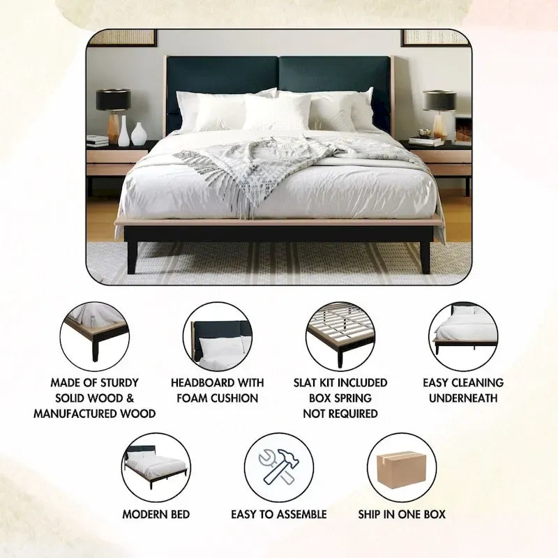 Ensemble de chambre à coucher 3 pièces en bois, style milieu de siècle, CraftPorch