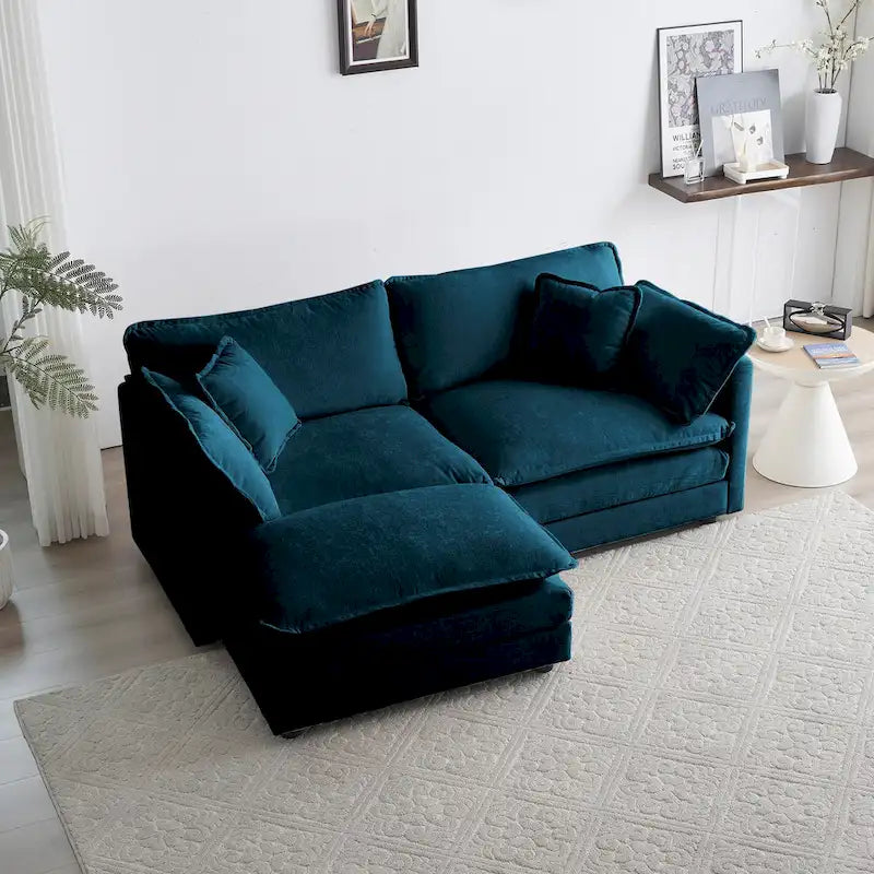 Canapé d'angle en chenille en forme de L, causeuse 2 places avec pouf bleu