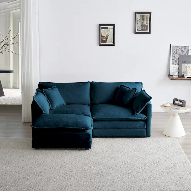 Canapé d'angle en chenille en forme de L, causeuse 2 places avec pouf bleu