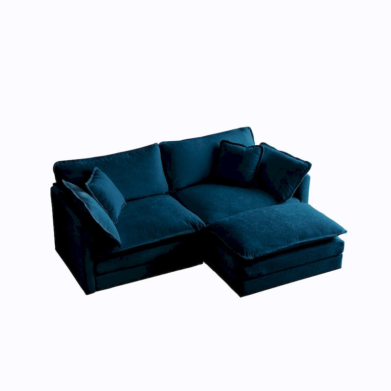 Canapé d'angle en chenille en forme de L, causeuse 2 places avec pouf bleu