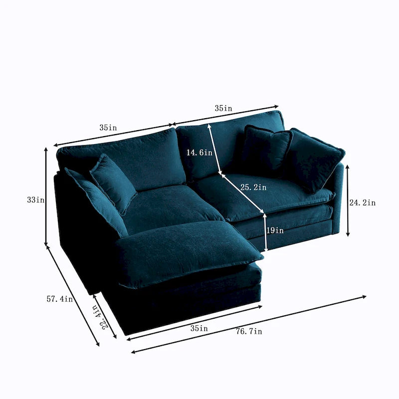Canapé d'angle en chenille en forme de L, causeuse 2 places avec pouf bleu