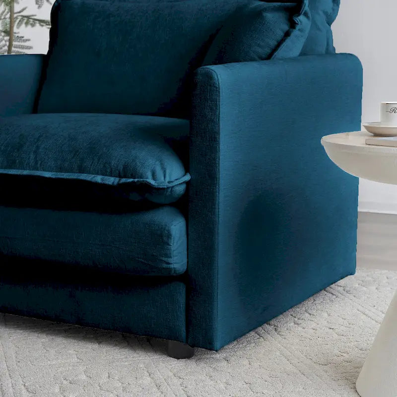 Canapé d'angle en chenille en forme de L, causeuse 2 places avec pouf bleu