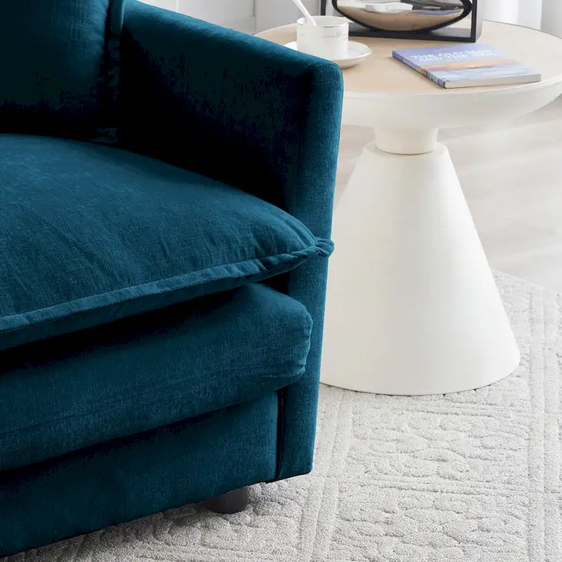 Canapé d'angle en chenille en forme de L, causeuse 2 places avec pouf bleu