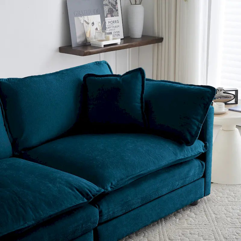 Canapé d'angle en chenille en forme de L, causeuse 2 places avec pouf bleu