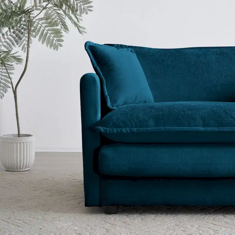 Canapé d'angle en chenille en forme de L, causeuse 2 places avec pouf bleu