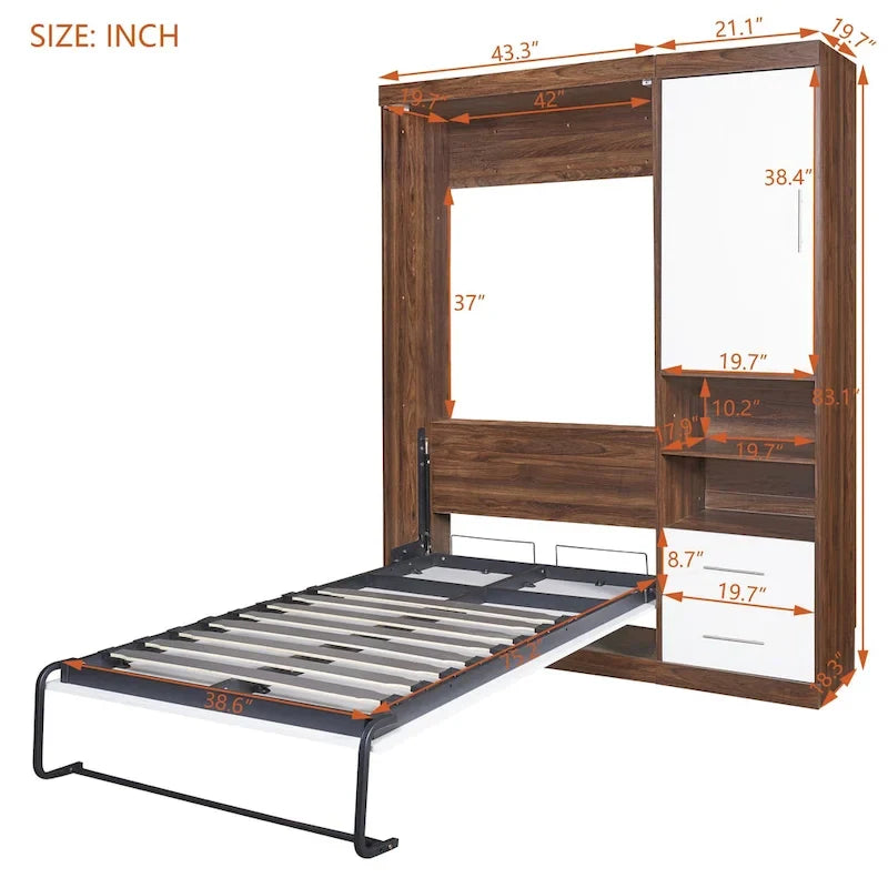 Lit escamotable mural simple avec armoire, Blanc