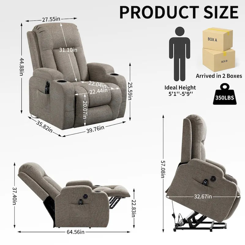 Fauteuil inclinable électrique infini avec moteur Okin jusqu'à 158 kg pour personnes âgées, mécanisme de mouvement robuste avec 8 points de vibration