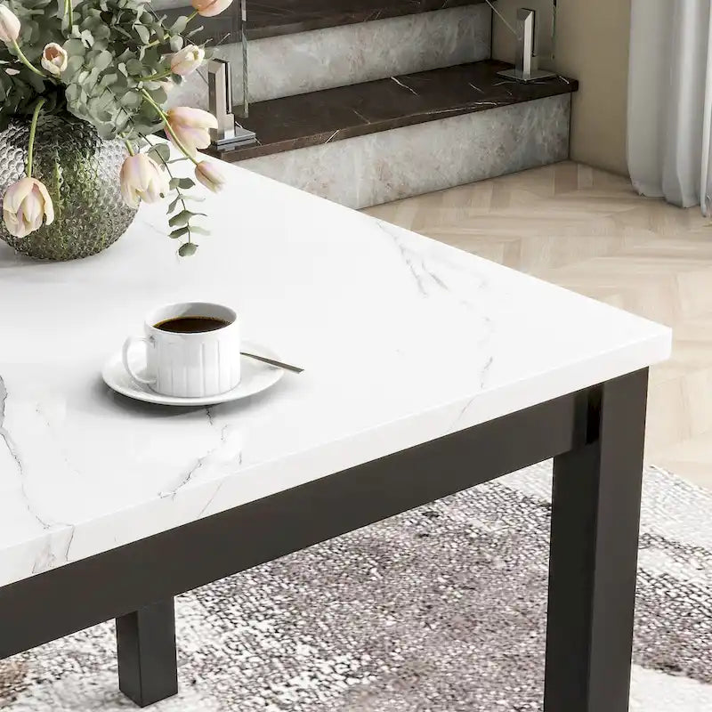 Ensemble de salle à manger de 5 pièces à hauteur de comptoir avec une table à manger en similicuir marbre et quatre chaises rembourrées en velours, gris