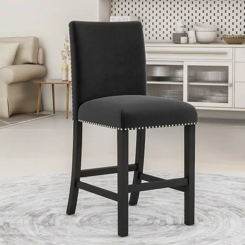 Ensemble de salle à manger de 5 pièces à hauteur de comptoir avec une table à manger en similicuir marbre et quatre chaises rembourrées en velours, gris