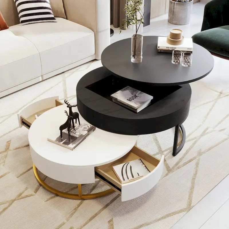 Tables basses gigognes rondes modernes relevables avec 2 tiroirs Blanc et Noir