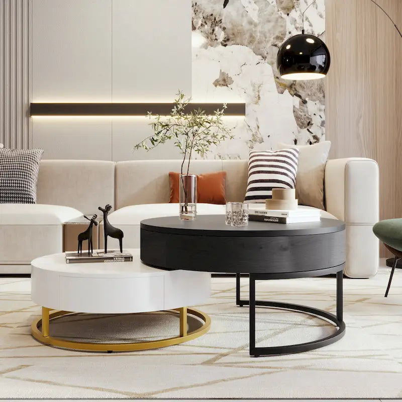 Tables basses gigognes rondes modernes relevables avec 2 tiroirs Blanc et Noir