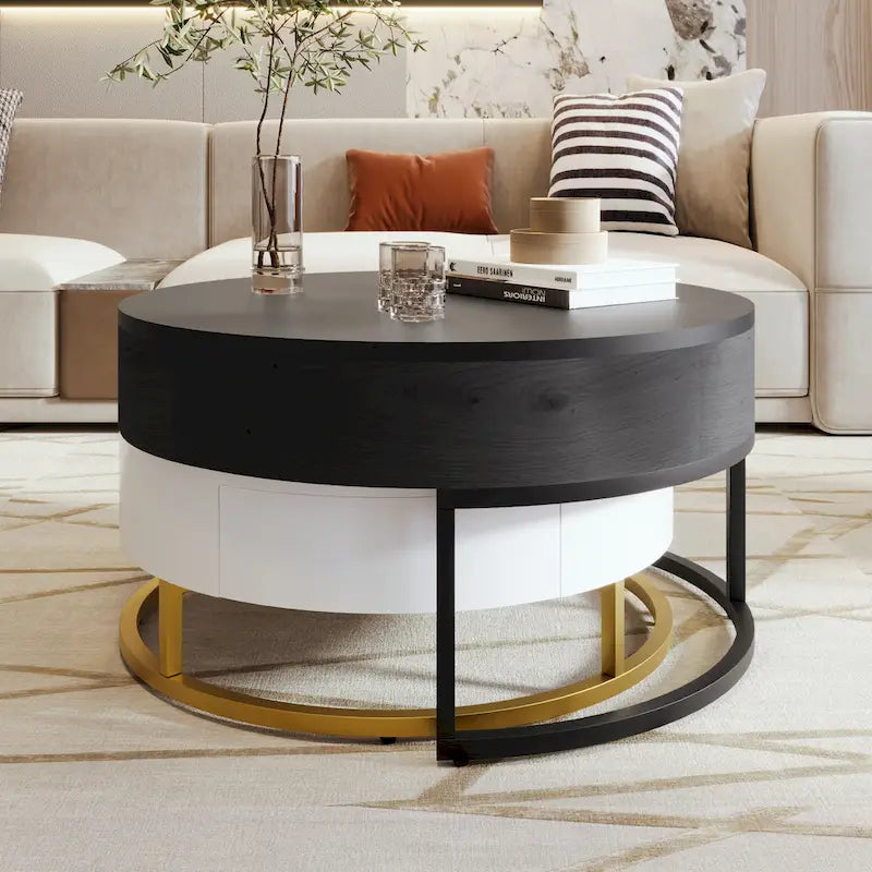 Tables basses gigognes rondes modernes relevables avec 2 tiroirs Blanc et Noir
