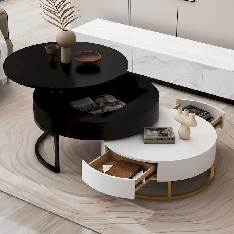 Tables basses gigognes rondes modernes relevables avec 2 tiroirs Blanc et Noir