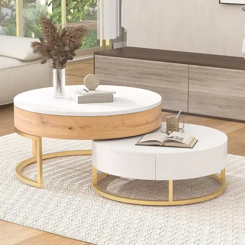 Tables basses gigognes rondes modernes relevables avec 2 tiroirs Blanc et Noir