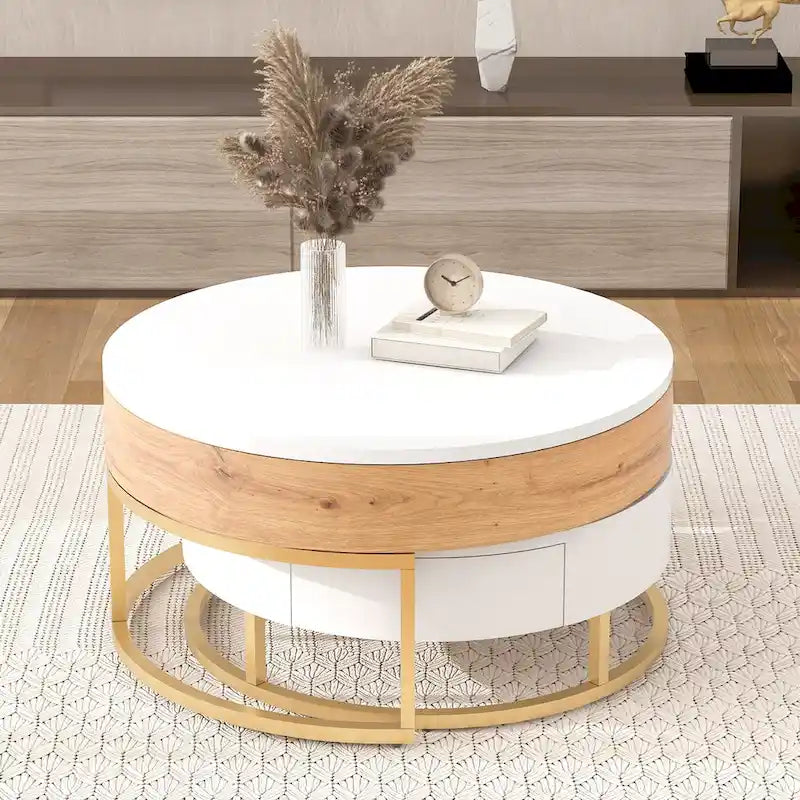 Tables basses gigognes rondes modernes relevables avec 2 tiroirs Blanc et Noir