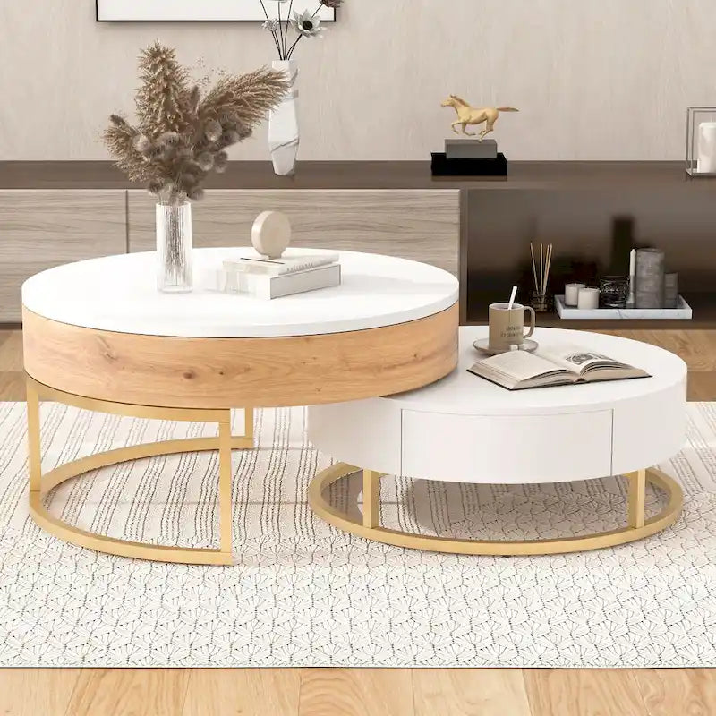 Tables basses gigognes rondes modernes relevables avec 2 tiroirs Blanc et Noir