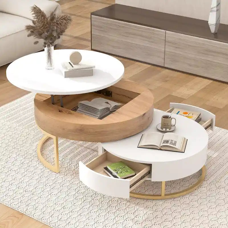 Tables basses gigognes rondes modernes relevables avec 2 tiroirs Blanc et Noir