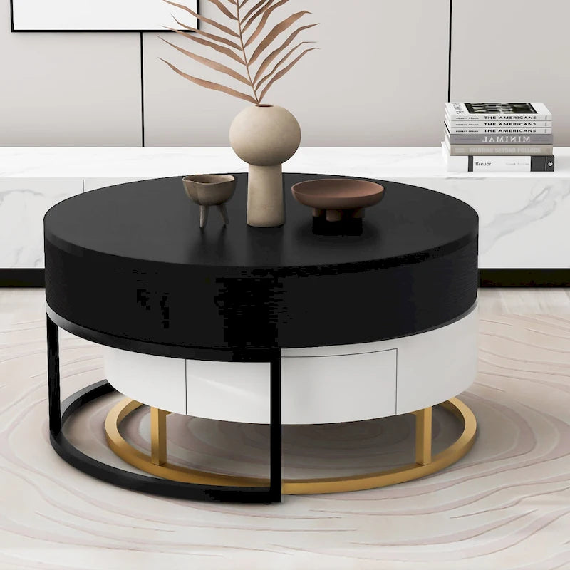 Tables basses gigognes rondes modernes relevables avec 2 tiroirs Blanc et Noir
