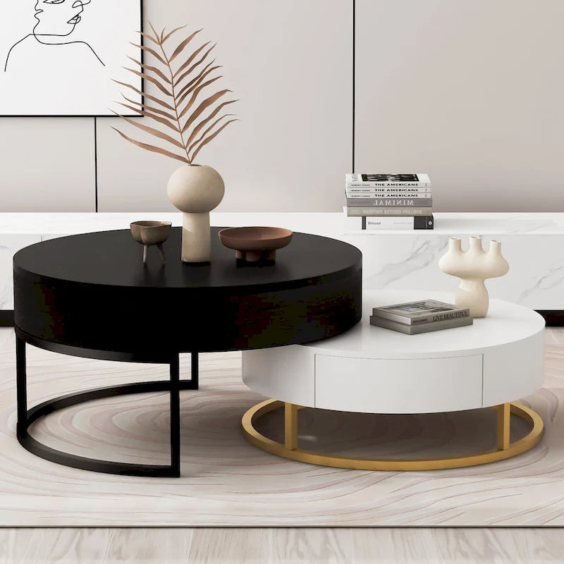Tables basses gigognes rondes modernes relevables avec 2 tiroirs Blanc et Noir