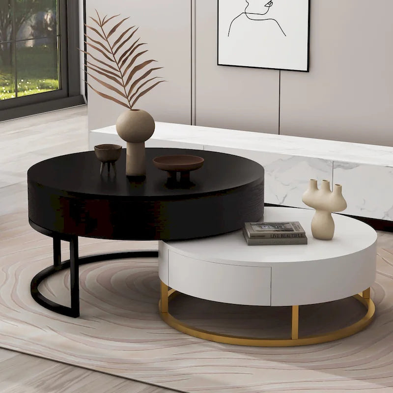 Tables basses gigognes rondes modernes relevables avec 2 tiroirs Blanc et Noir