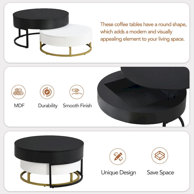 Tables basses gigognes rondes modernes relevables avec 2 tiroirs Blanc et Noir