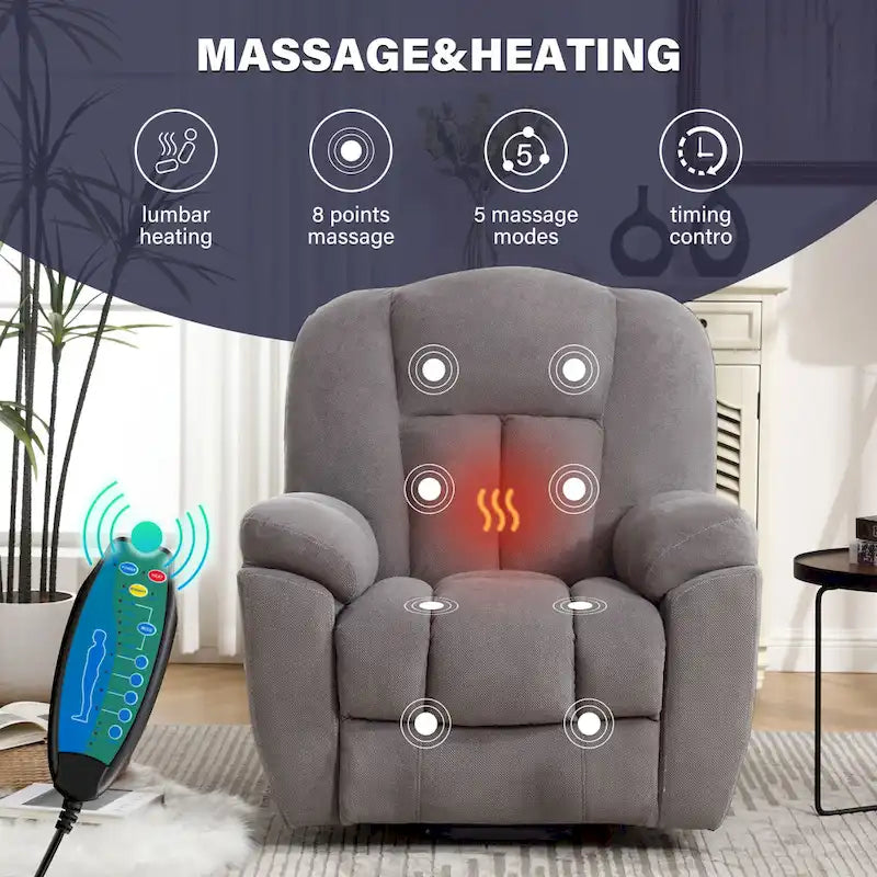 Fauteuil inclinable releveur électrique pour personnes âgées avec fonctions de chauffage et de massage, inclinable pour salon avec position infinie et
