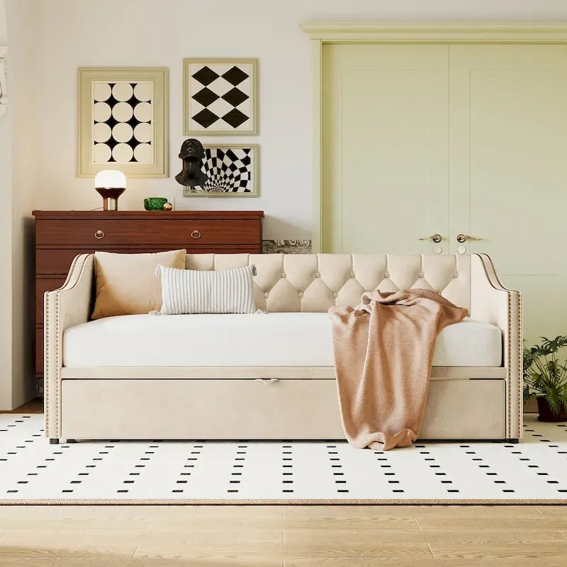 Lit de repos capitonné simple avec lit gigogne escamotable, Beige