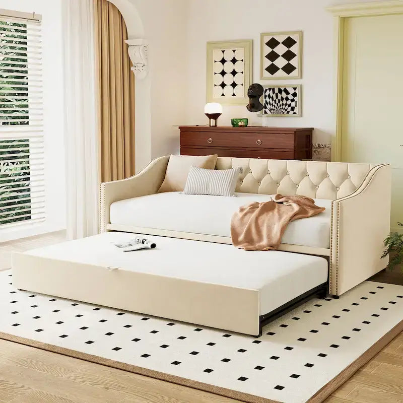 Lit de repos capitonné simple avec lit gigogne escamotable, Beige