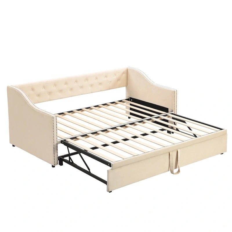 Lit de repos capitonné simple avec lit gigogne escamotable, Beige