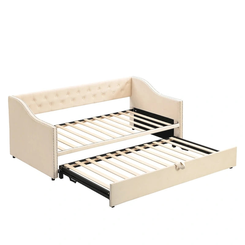Lit de repos capitonné simple avec lit gigogne escamotable, Beige