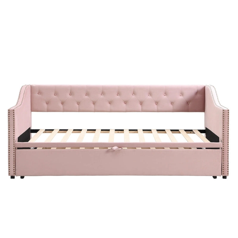 Lit de repos capitonné simple avec lit gigogne escamotable, Beige