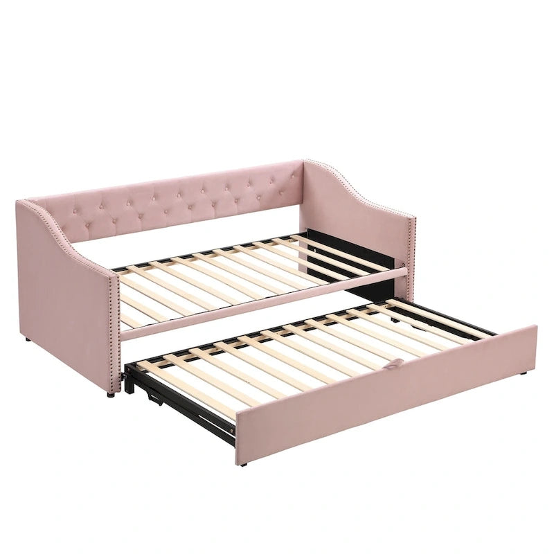 Lit de repos capitonné simple avec lit gigogne escamotable, Beige