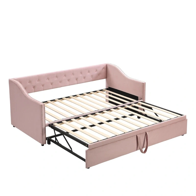 Lit de repos capitonné simple avec lit gigogne escamotable, Beige