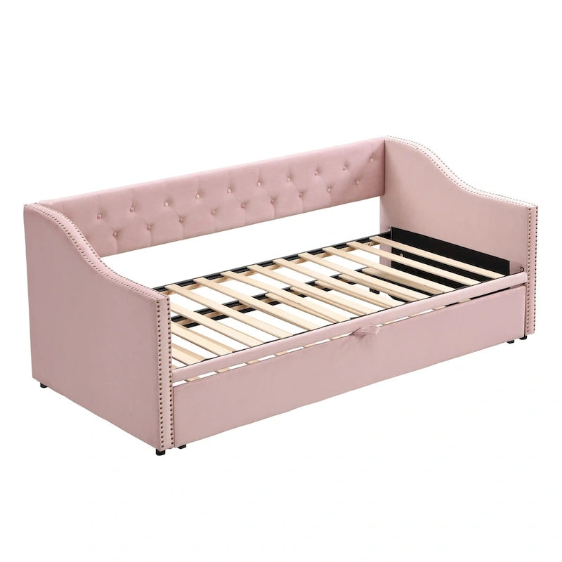 Lit de repos capitonné simple avec lit gigogne escamotable, Beige