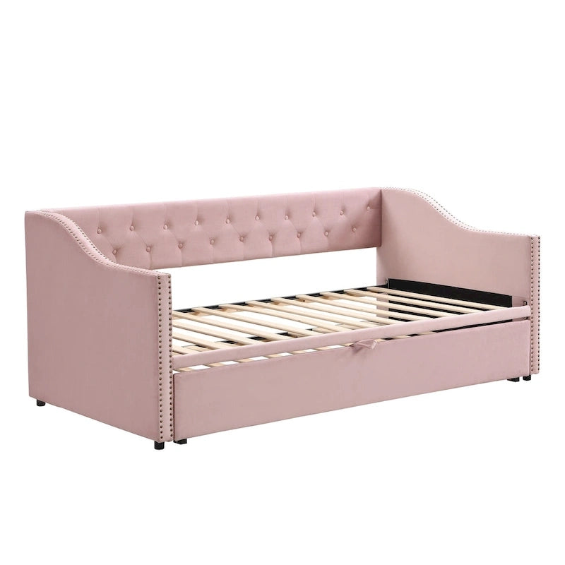 Lit de repos capitonné simple avec lit gigogne escamotable, Beige