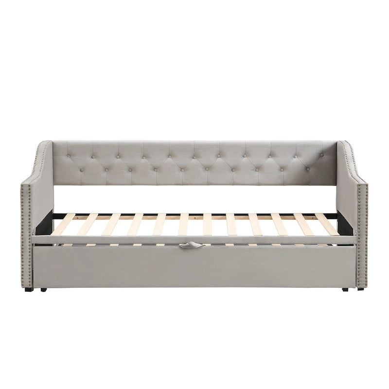 Lit de repos capitonné simple avec lit gigogne escamotable, Beige