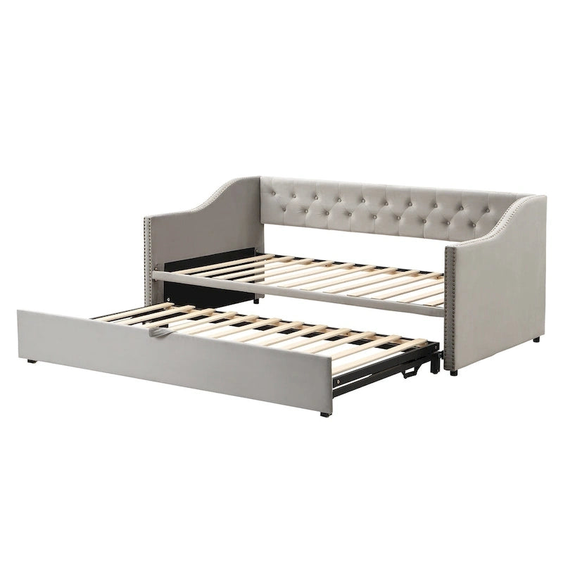 Lit de repos capitonné simple avec lit gigogne escamotable, Beige